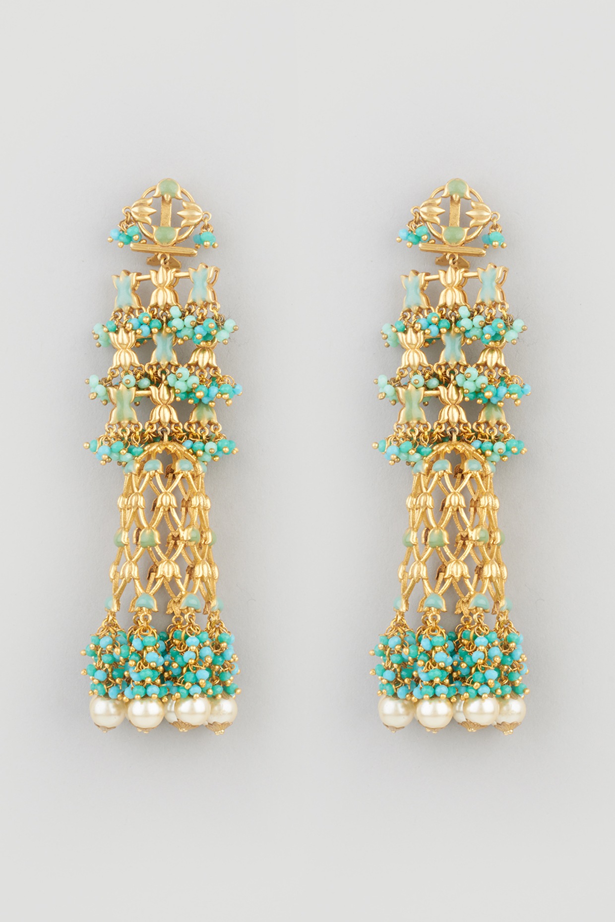 Gold Plated CZ Designer Jaliwala Jhumka Earrings with Pearl & Ruby Crystals  – Estele